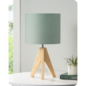 Lampe De Chevet Bois &Agrave; Tr&eacute;pied Avec Abat-Jour En Lin, E27 Ampoule Led Incluse, 2700k Blanc Chaud, Lampe De Table Moderne Design Pour Chambre, Salon, Bureau, Vert Kaki - Neuf
