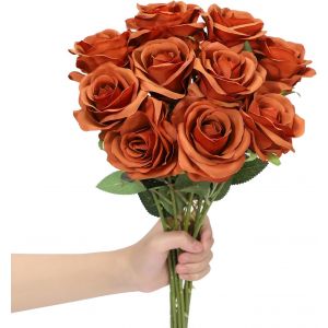Lot de 10 roses artificielles en soie - 54 cm - Longue tige - R&eacute;alistes - Pour bricolage, fleurs de mariage, bouquets de mari&eacute;e, arrangements, f&ecirc;tes et d&eacute;coration de maison (orange br&ucirc;l&eacute;) - Neuf
