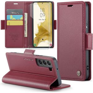 Kal-Coque Pour Samsung Galaxy S22 Plus+ 2 Pi&egrave;ces Verre Tremp&eacute;,Antivol,Prend En Charge Le Chargement Sans Fil, Pochette Fermeture Magn&eacute;tique Flip Case-Bourgogne - Neuf