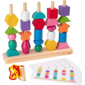 ChenQuanSarl-Montessori Jouet &Eacute;veil En Bois Pour Enfant 3 4 5 Ans, 2 En 1 Educatif Jeu D&eacute;veloppement Jouet Empiler Et De Tri Jeux De Construction Billes De La&ccedil;age Perles En Bois - Neuf