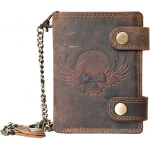 asas-Portefeuille De Motard En Cuir Véritable Avec Une Tête De Mort Avec Chaîne¿Rfid,Marron,One Size,Portefeuille Rfid - Neuf