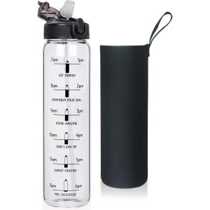 Checarzhn--No1-1 Litre Bouteille D'eau En Verre Avec Paille Et Marqueurs De Temps, 1l Gourde Verre Réutilisable Avec Housse En Néoprène - Neuf