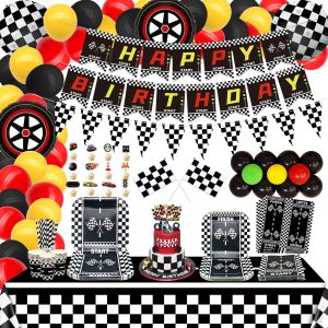 Tianyi-Fournitures De Fête D'anniversaire De Voiture De Course - Décorations De Fête Sur Le Thème De La Voiture - Pour 20 Ans - Bannière « Happy Birthday » - Assiette En Carton - Nappe À Carreaux - - Neuf