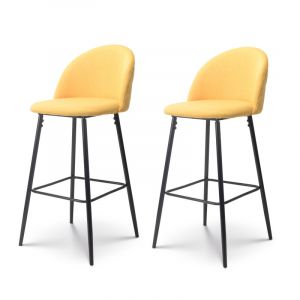 Lot de 2 Chaises de Bar Design Moderne avec Dossier &ndash; Tabouret Haut en Tissu Jaune et Pieds M&eacute;tal Noir &ndash; Hauteur 76 cm - Neuf
