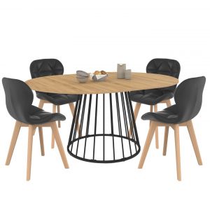 Ensemble table &agrave; manger extensible ronde YUNA plateau bois et pied filaire en m&eacute;tal 110-150 cm et 4 chaises ROBINE en PU noires - Neuf
