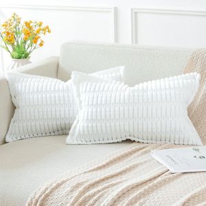 Tianyi-Lot De 2 Housses De Coussin En Velours C&ocirc;tel&eacute; Ray&eacute; Boho Canap&eacute; Taie D'oreiller En Velours Douce Pour Maison Salon Chambre Decorative Blanc 30 X 50 Cm - Neuf