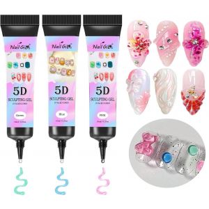 Kal-Gel 3d Nail Art - 3 Couleurs - Sculpture 3d - Pour La Conception Des Ongles - Pas D'essuyage - Manucure - Rose/Vert/Bleu - Neuf