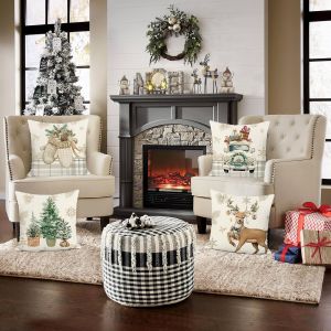 Cauc-Housse De Coussin Noël Hiver Renne 45 X 45 Cm Arbre Camion Gants Vacances D`Hiver Polyester Lin Décoratif Taie D'oreiller Pour Canapé Chambre Maison Hiver Décoration 4 Pièces - Neuf