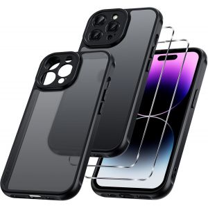 KALANKA-3 en 1 Coque Mat pour iPhone 14 Pro 6,1 Pouces, avec 2 Verre Tremp&eacute; Protection &eacute;cran, Etui Translucide Givr&eacute;e Arri&egrave;re Housse Antichoc Case, Cover Anti-Empreintes Digitales, Noir - Neuf