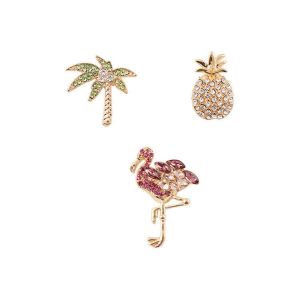 3 Pcs Strass Cristal Broche Pin Tack Pin Tropical Cocotier Flamingo Ananas Jupe Cardigan - Neuf