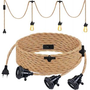 Tianyi-Lustre Corde De Chanvre De 6.8 Mètres, Tête 3-Flamme Suspendue Câble De Lumière Corde E27 Prise, Vintage Lustre Corde Chanvre Avec Prise Interrupteur, Diy Lampe Suspension Pour Maison Chambre - Neuf