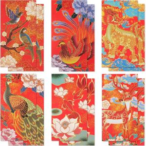 Red Envelopes Lot de 12 enveloppes porte-bonheur pour le Nouvel An chinois, 6 styles, 16,8 x 8,9 cm, motif paon, dragon, poisson rouge, poche rouge chinoise Hong Bao pour le Nouvel An lunaire - Neuf