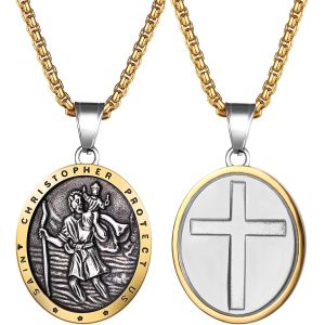 Kal-Collier Saint Christophe Pour Homme : Croix Saint Christophe M&eacute;daillon Noir Or Pendentif Saint Anthony Symbole De Protection Des Voyages Catholique Religieux Cha&icirc;ne Porte-Bonheur Protection - Neuf
