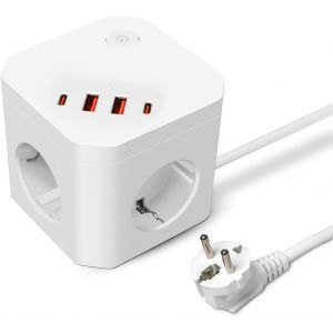 Multiprise Cube 4 Prises avec Interrupteur, 4 Ports USB, Adaptateur Secteur 3650 W et Cordon d'extension de 1,8 m&egrave;tre, id&eacute;ale pour Les espaces de Bureau et Les canap&eacute;s - Neuf