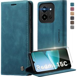 KALANKA-Coque pour Xiaomi Redmi 15C 5G / 4G avec Verre Tremp&eacute; Protection&Eacute;cran, &Eacute;tui Portefeuille Housse en Cuir Premium, et Porte Carte Coque Flip Case &Eacute;tui pour Xiaomi Redmi 15C 5G / 4G, Bleu - Neuf
