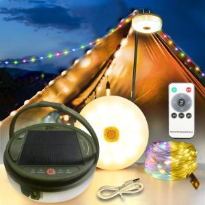 12m Chaîne Lumineuse De Camping Enroulable, 120led Lampe Camping Solaire Exterieure, Ip65 Imperméable 8 Modes, Rechargeable Par Usb, Guirlande Lumineuse Escamotable Pour Camping, Jardin, Randonnée - Neuf