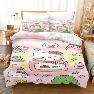 Parure De Lit Hello Kitty 3 Pieces Avec Housse De Couette Et Taie D'oreiller Pour Lit Double - Neuf