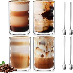 Mevronisshop-Lot De 4 Verres À Latte Macchiato À Double Paroi - 400 Ml - Avec 4 Cuillères - Verres À Cappuccino - Tasses À Expresso - En Forme De Spirale - Pour Latte, Thé, Américain Glacé - Neuf