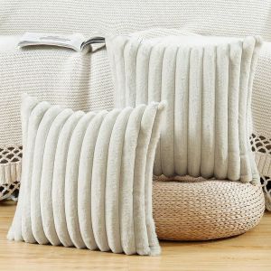 Cauc-Lot De 2 Housses De Coussin En Peluche En Fausse Fourrure Housse De Coussin D&eacute;corative Douce &Agrave; Rayures Moelleuses Pour Coussin De Chambre &Agrave; Coucher De Canap&eacute; Blanc Gris&acirc;tre 45 X 45 Cm - Neuf