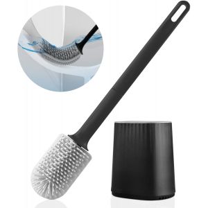 Brosse WC en silicone avec tête multifonction 3 en 1 et support à séchage rapide, balai WC mural pour salle de bain (noir) - Neuf