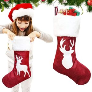 Lot de 2 bas de Noël personnalisés, grandes chaussettes de Noël suspendues, bas de Noël en jute blanc en forme de renne, sac cadeau de bas de Noël rouge pour décorations de cheminée d'arbre de Noël - Neuf