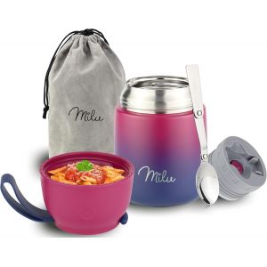 Bo&icirc;tes Alimentaires Isothermes 450ml I 650ml I 800ml, Bo&icirc;te Isotherme Repas Chaud Porte-Aliments En Acier Inoxydable &Agrave; Double Couche, Cuill&egrave;re Pliante Pour Ecole, Bureau (650ml/Gris) - Neuf