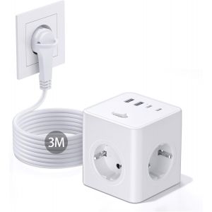Cube Multiprise 8-en-1 avec Interrupteur, 4 Prises avec 2 USB-A et 2 USB-C, multiprise Power Cube avec Anneau de Traction, c&acirc;ble de 3m pour la Maison/Le Bureau, Blanc - Neuf