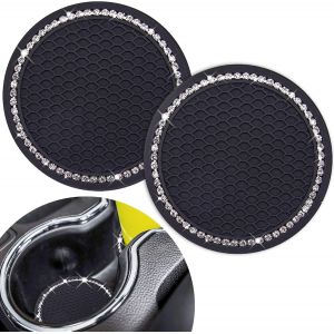 Dessous De Verre Mignons Pour Voiture (Fond Noir &Agrave; Strass Blancs), Lot De 2, Universels, En Silicone Antid&eacute;rapant De 7 Cm, Orn&eacute;s De Strass Scintillants. Accessoires Auto. - Neuf