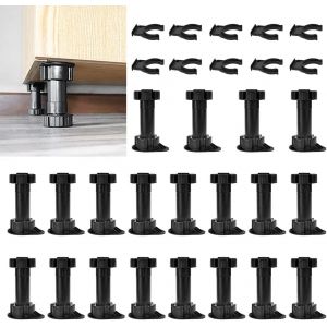 Lot de 20 Pieds de Meubles Réglables, 100-120MM Pieds pour Meuble Noir, Pied de Meuble en Plastique avec 10 Clip pour Plinthe, Pieds de Table Réglable pour Meuble, Armoires, Cuisine, Canapé - Neuf