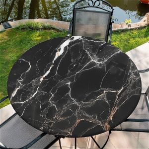 SJZG-Nappe Ronde D'Extérieur Avec Élastique 44In(110Cm)- Nappe De Jardin Élastique Motif Marbre Noir Convient Aux Tables De 96 À 105 Cm De Large - Neuf