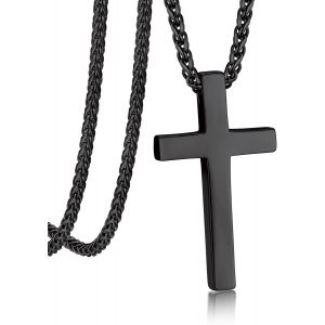 Kal-Collier Homme Croix En Acier Inoxydable/Plaqué Noir, Pendentif Croix Chrétienne Avec Chaîne Spiga 3mm/55cm - Neuf