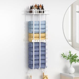 Porte Serviette Salle De Bain, Porte-Serviettes Mural, Porte-Serviettes Avec Étagère Et 4 Accroche Serviette Salle De Bain, Pratique Support Serviette Salle De Bain, Porte Serviette Blanc - Neuf