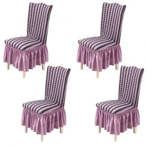 Lot de 4 housses de chaise amovibles avec jupe en dentelle - Tissu seersucker violet, convient &agrave; diff&eacute;rentes tailles de chaises - Neuf