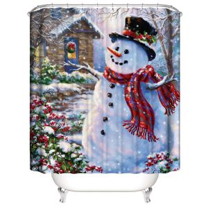 Rideau De Douche De Noël 180 X 180 Cm, Motif Bonhomme De Neige Et Écharpe Rouge, Imperméable, En Polyester, Avec 12 Crochets, Pour Décoration De Noël - Neuf