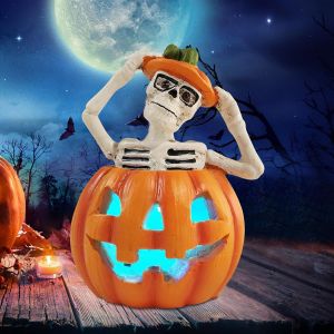 CAUC-Lanterne d&eacute;corative d'Halloween en r&eacute;sine avec squelette demi-corps en forme de citrouille avec visage, citrouille squelette - Lampe d&eacute;corative avec guirlande lumineuse LED pour d&eacute;coration de ta - Neuf