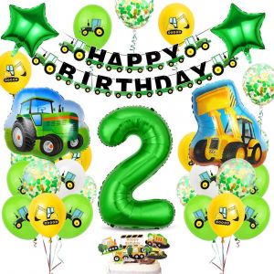 Tractor Birthday Decoration, 2 Year Old Boy's Birthday Decoration, Tractor Balloon 2 Years, Green Number 2 Balloon, Tractor - Neuf