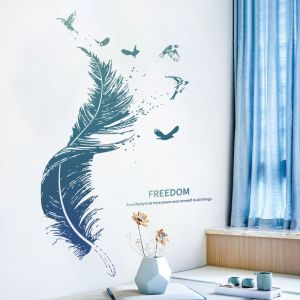 (1) Bleu Plume Sticker Mural (3090 Cm) Oiseau Sticker Salle De Séjour Chambre À Coucher Couloir De Cuisine Décoration De Csparkv-Ue - Neuf