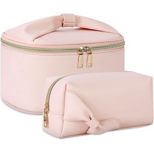 MAA-Trousse de Toilette Femme Imperméable PU Trousse Maquillage Grande Capacité Sac à Cosmétiques Voyage Beauty Case 2 Pièces Rose - Neuf