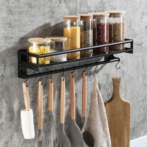 Support pour ustensiles de cuisine avec 6 crochets, adhésif/trou, 2 façons d'installer le support de rangement pour ustensiles de cuisine, support mural de 40 cm pour ustensiles de cuisine - Neuf