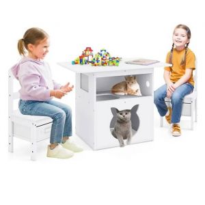 Costway Ensemble Table Et 2 Chaises Enfants - Mobilier 2-En-1 Avec Maison De Chat Avec Bacs De Rangement En Tissu, 80 X 52 X 59 Cm - Neuf
