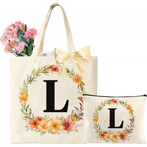 Sjzg-Sac Fourre-Tout En Toile Avec Initiale Fleur,Sac De Courses En Jute Avec Poche En Coton &Agrave; Provisions R&eacute;utilisables Pour Mariage, Anniversaire Pour Femmes Amis - Neuf