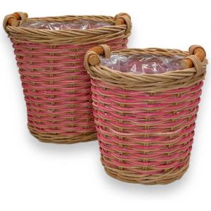 Pots De Fleurs - Mijoma - Lot De 2 - Rotin - Marron-Rose - R&eacute;sistants Aux Intemp&eacute;ries - Neuf