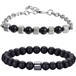 Eryi-Bracelets En Perles Bracelet En Acier Inoxydable Pour Hommes Bracelet De Perles En Pierre Naturelle 8mm Bracelet 2 Pcs Bracelet Extensible En Chaîne Perlée De Cristal Pour Hommes - Neuf