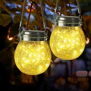 Lanterne Solaire Exterieur Jardin, 2 Pcs 30 Led Boule De Lumière Solaire Craquelée Verre Lampe Suspendue Mason Jar Avec Paille Eclairage Ip65 Etanche Pour Pelouse, Fête, Cour, Mariage(Blanc Chaud) - Neuf