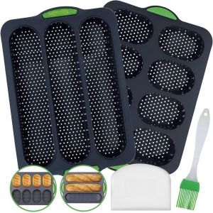 2 Pièces Moule à Pain,Moule Baguette Silicone 3 Grilles,Plaque à Pain Baguette Français Antiadhésif avec Couteau en Silicone et Pinceau à Huile,Accessoires de Cuisine pour Muffins Gâteaux Biscuit - Neuf