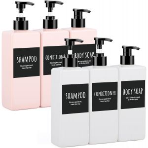 TIANYI-Distributeur Savon, 6 Pi&egrave;ces 500ml Bouteille Shampoing Vide, Distributeur Gel Douche, Distributeur Savon Plastique avec Etiquettes, pour Salle de Bain, H&ocirc;tel (Blanc + Rose) - Neuf