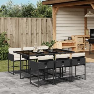 Ensemble À Manger De Jardin Coussins 7pcs Noir Résine Tressée - Neuf