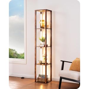 Lampadaire Sur Pied Salon Avec &Eacute;tag&egrave;res En Bois, 3 Temp&eacute;ratures De Couleur, Dimmable En Continu, Led Tige Rotative 360&deg;, &Eacute;tag&egrave;re D'angle Avec Lampe Sur Pied Pour Salon, Chambre, Bureau - Neuf