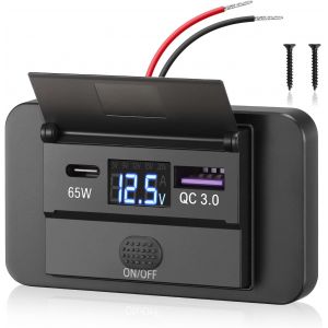 JGD-Prise USB C 12V Chargeur de Voiture Charge Rapide 65W PD3.0 et QC3.0 18W &Eacute;tanche avec voltm&egrave;tre num&eacute;rique et Interrupteur pour Voiture, Bateau, Camping-Car - Neuf