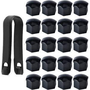 Cache-écrous de roue hexagonaux de haute qualité, 17 mm, avec outil de démontage (lot de 20, noir) - Neuf